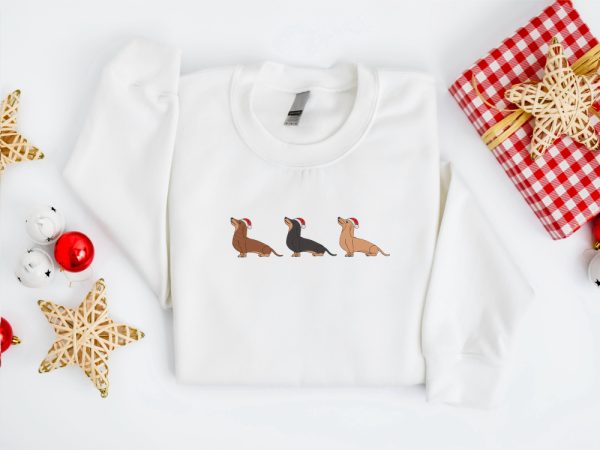 Embroidered Christmas Dog Sweatshirt, Dachshund Santa Dog Sweatshirt For Family