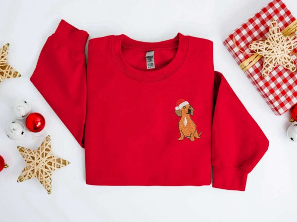 Embroidered Christmas Dog Sweatshirt, Dachshund Santa Dog Christmas Sweater For Family