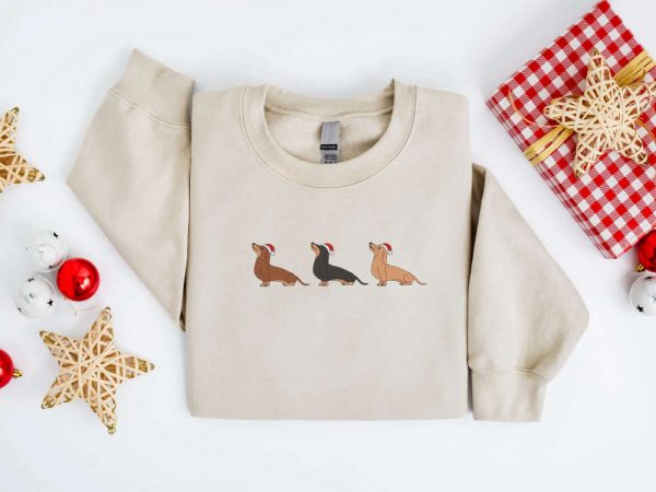 Embroidered Christmas Dog Sweatshirt, Dachshund Santa Dog Sweatshirt For Family