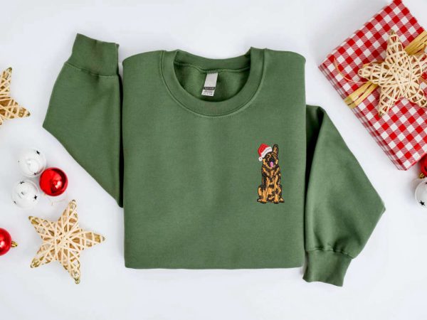 Embroidered Christmas Dog Sweatshirt, German Shepherd Santa Dog Sweater For Family