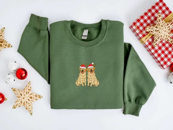 Embroidered Christmas Dog Sweatshirt, Golden Retriever Santa Sweatshirt For Family