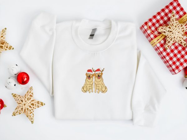 Embroidered Christmas Dog Sweatshirt, Golden Retriever Santa Sweatshirt For Family