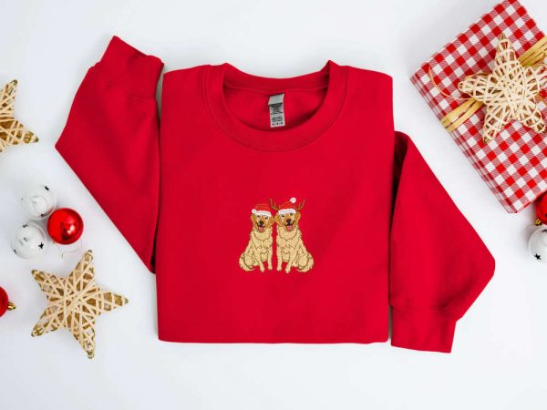 Embroidered Christmas Dog Sweatshirt, Golden Retriever Santa Sweatshirt For Family