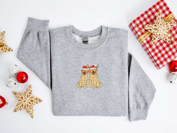 Embroidered Christmas Dog Sweatshirt, Golden Retriever Santa Sweatshirt For Family