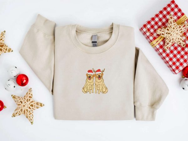 Embroidered Christmas Dog Sweatshirt, Golden Retriever Santa Sweatshirt For Family