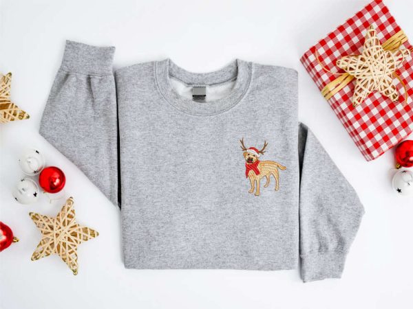 Embroidered Christmas Dog Sweatshirt, Labrador Retriever Reindeer Sweatshirt For Family