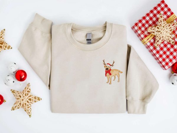 Embroidered Christmas Dog Sweatshirt, Labrador Retriever Reindeer Sweatshirt For Family