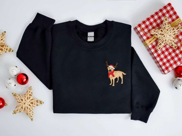 Embroidered Christmas Dog Sweatshirt, Labrador Retriever Reindeer Sweatshirt For Family