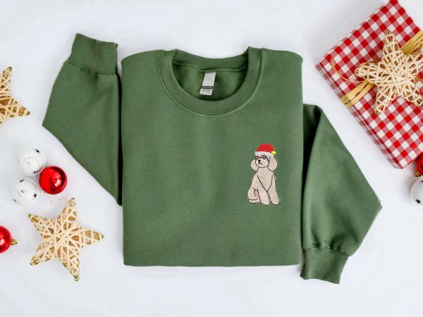 Embroidered Christmas Dog Sweatshirt, Poodle Santa Dog Christmas Sweater For Family