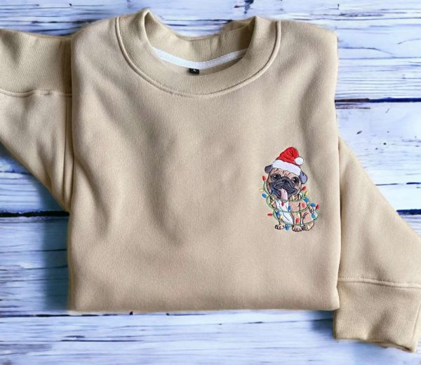 Embroidered Christmas Dog Sweatshirt, Pug Santa Dog Christmas Sweater For Family