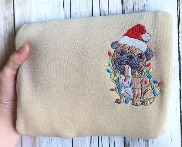 Embroidered Christmas Dog Sweatshirt, Pug Santa Dog Christmas Sweater For Family