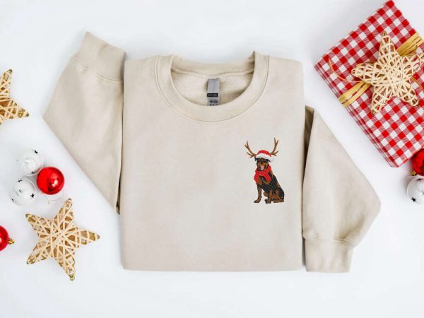 Embroidered Dog Sweatshirt, Rottweiler Reindeer Dog Christmas Sweater For Family