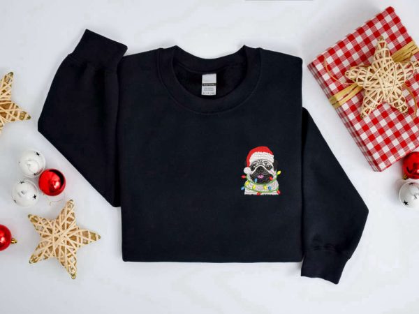 Embroidered Christmas Dog Sweatshirt, Pug Dog Christmas Sweater    Shirt