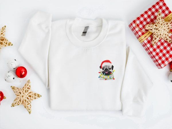 Embroidered Christmas Dog Sweatshirt, Pug Dog Christmas Sweater    Shirt