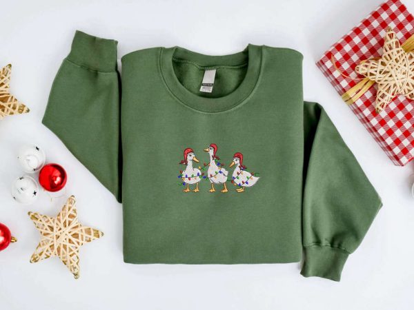 Embroidered Christmas Duck Sweatshirt, Embroidered Duck Christmas Sweater For Family