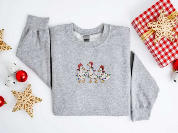 Embroidered Christmas Duck Sweatshirt, Embroidered Duck Christmas Sweater For Family