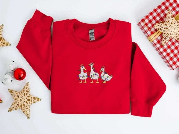 Embroidered Christmas Duck Sweatshirt, Embroidered Duck Christmas Sweater For Family