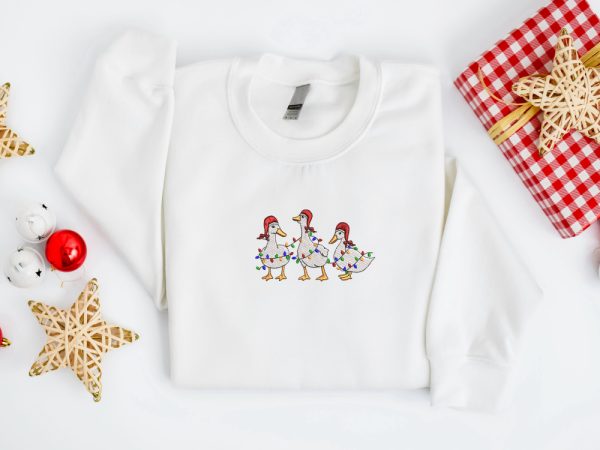 Embroidered Christmas Duck Sweatshirt, Embroidered Duck Christmas Sweater For Family