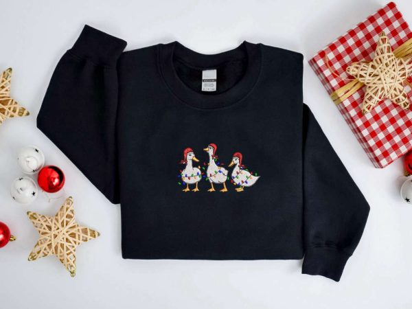 Embroidered Christmas Duck Sweatshirt, Embroidered Duck Christmas Sweater For Family