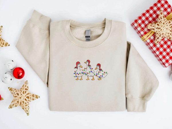 Embroidered Christmas Duck Sweatshirt, Embroidered Duck Christmas Sweater For Family