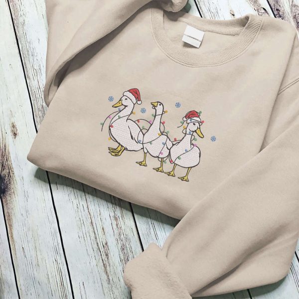 Embroidered Christmas Ducks Sweatshirt, Duck Christmas Sweatshirt For Women