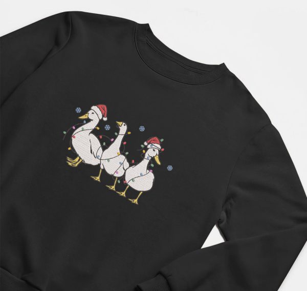 Embroidered Christmas Ducks Sweatshirt, Duck Christmas Sweatshirt For Women