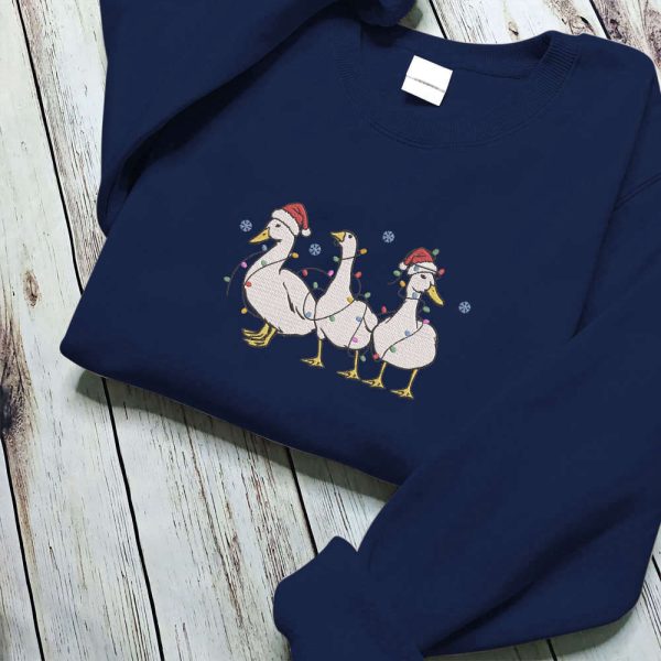 Embroidered Christmas Ducks Sweatshirt, Duck Christmas Sweatshirt For Women
