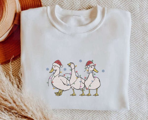 Embroidered Christmas Ducks Sweatshirt, Duck Christmas Sweatshirt For Women