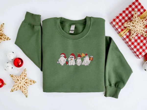 Embroidered Christmas Ghost Sweatshirt, Santa Ghost Christmas Sweater For Family