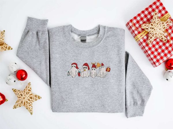 Embroidered Christmas Ghost Sweatshirt, Santa Ghost Christmas Sweater For Family