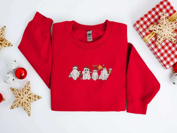 Embroidered Christmas Ghost Sweatshirt, Santa Ghost Christmas Sweater For Family