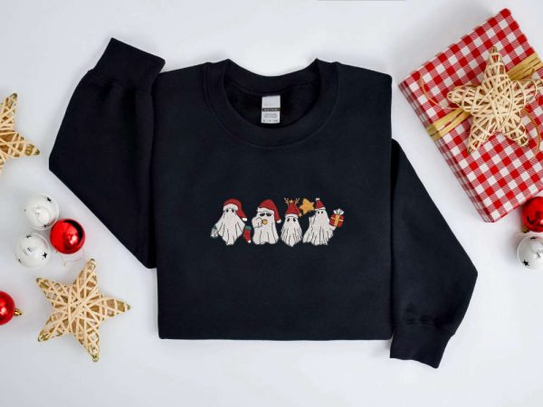 Embroidered Christmas Ghost Sweatshirt, Santa Ghost Christmas Sweater For Family