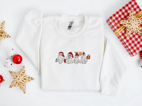 Embroidered Christmas Ghost Sweatshirt, Santa Ghost Christmas Sweater For Family