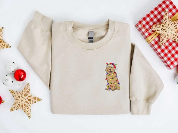 Embroidered Christmas Golden Dog Sweatshirt, Dog Sweater Gift For Family