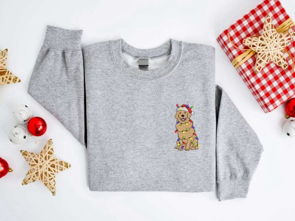 Embroidered Christmas Golden Dog Sweatshirt, Dog Sweater Gift For Family