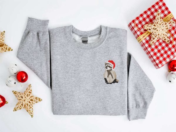 Embroidered Christmas Raccoon Sweatshirt, Raccoon Santa Christmas Sweater For Family