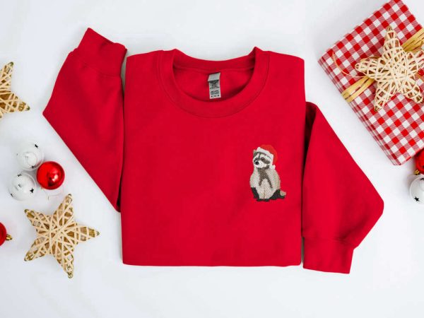 Embroidered Christmas Raccoon Sweatshirt, Raccoon Santa Christmas Sweater For Family