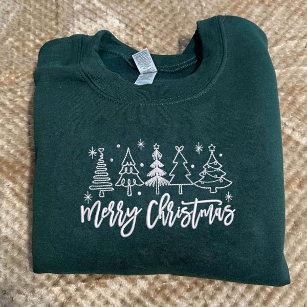 Embroidered Christmas Sweatshirt, Christmas Trees Sweatshirt, Gift For Friend