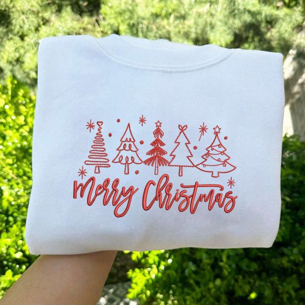 Embroidered Christmas Sweatshirt, Christmas Trees Sweatshirt, Gift For Friend