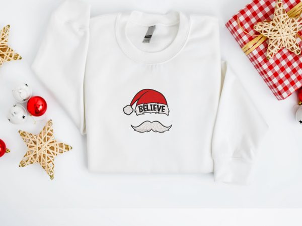 Embroidered Christmas Sweatshirt, Believe Santa Hat Mustache Sweatshirt For Family