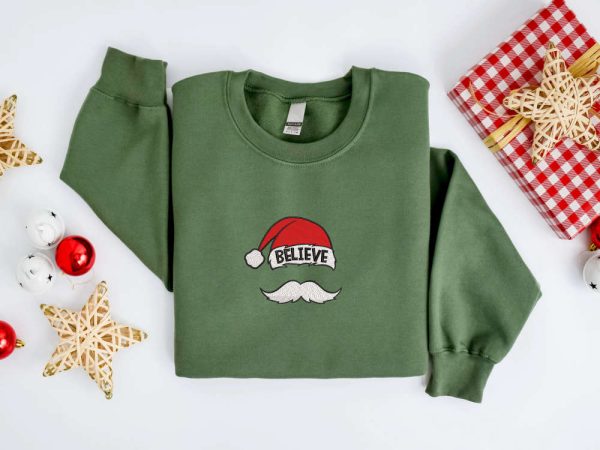 Embroidered Christmas Sweatshirt, Believe Santa Hat Mustache Sweatshirt For Family