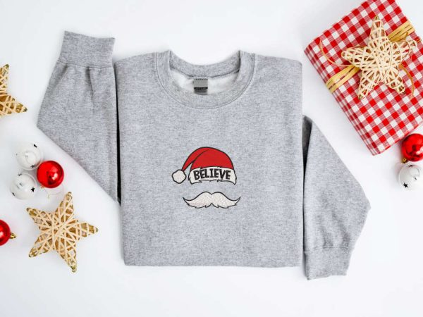 Embroidered Christmas Sweatshirt, Believe Santa Hat Mustache Sweatshirt For Family