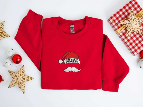 Embroidered Christmas Sweatshirt, Believe Santa Hat Mustache Sweatshirt For Family