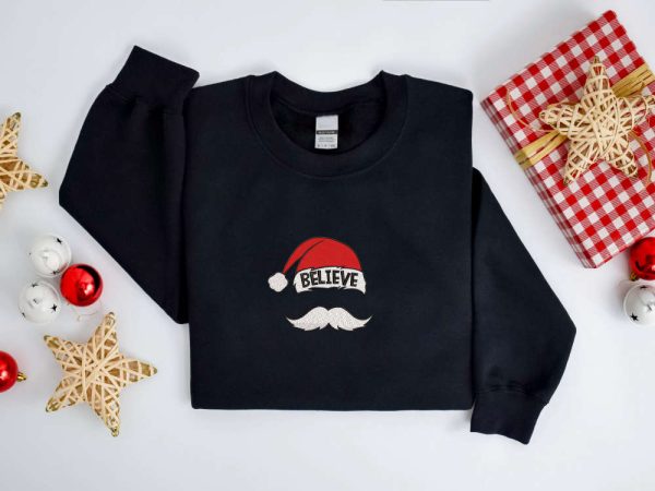 Embroidered Christmas Sweatshirt, Believe Santa Hat Mustache Sweatshirt For Family