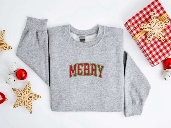 Embroidered Christmas Sweatshirt Embroidered Merry Christmas Sweater For Women