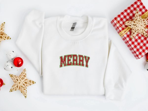 Embroidered Christmas Sweatshirt Embroidered Merry Christmas Sweater For Women