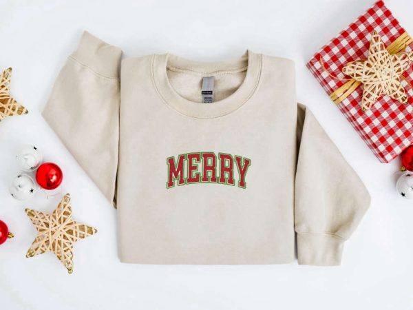 Embroidered Christmas Sweatshirt Embroidered Merry Christmas Sweater For Women