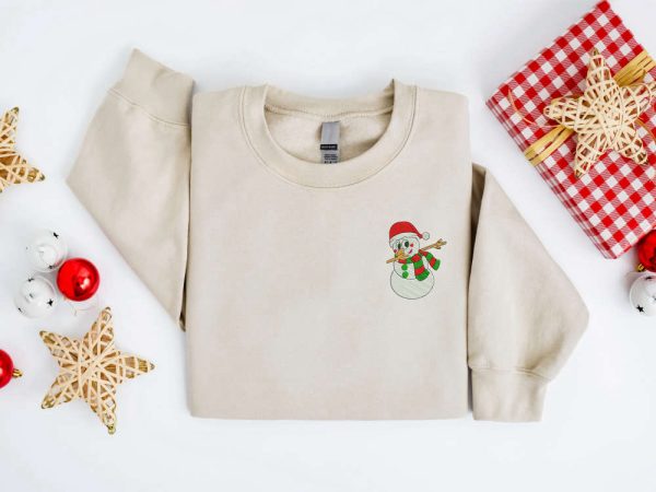 Embroidered Christmas Sweatshirt, Snowman Santa Hat Christmas Sweatshirt For Family