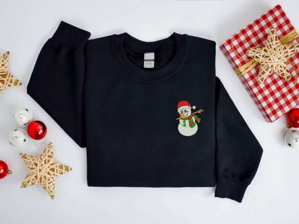 Embroidered Christmas Sweatshirt, Snowman Santa Hat Christmas Sweatshirt For Family