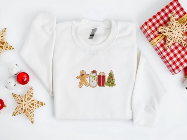 Embroidered Christmas Sweatshirt, Gingerbread Cookies Sweater For Christmas